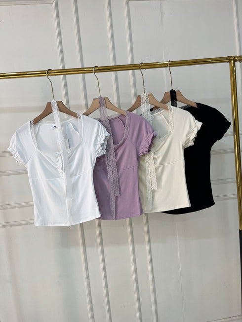 Wide Neck Button Down Lace Detail Tops